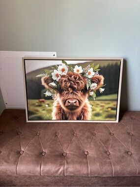 Hobby Lobby Floral Crown Highland Cow Wall Art - Brown, Green, White